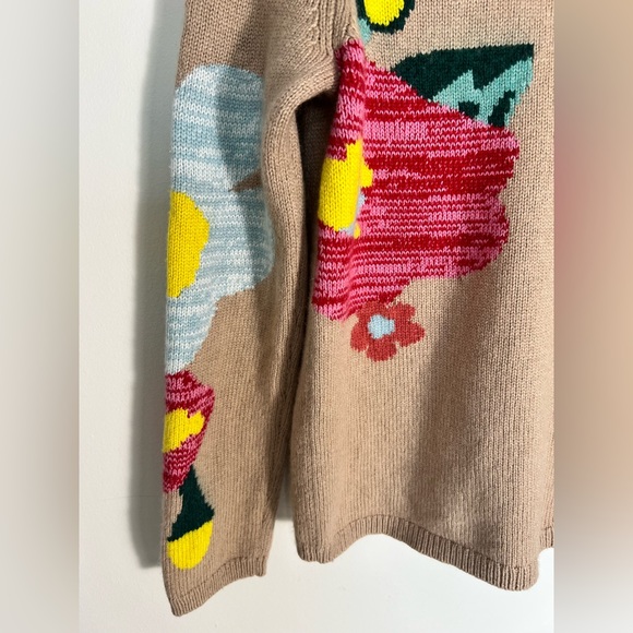 Sundance Winter Flowers Sweater Tan Floral Crewneck Lambswool Cashmere M - Picture 3 of 9